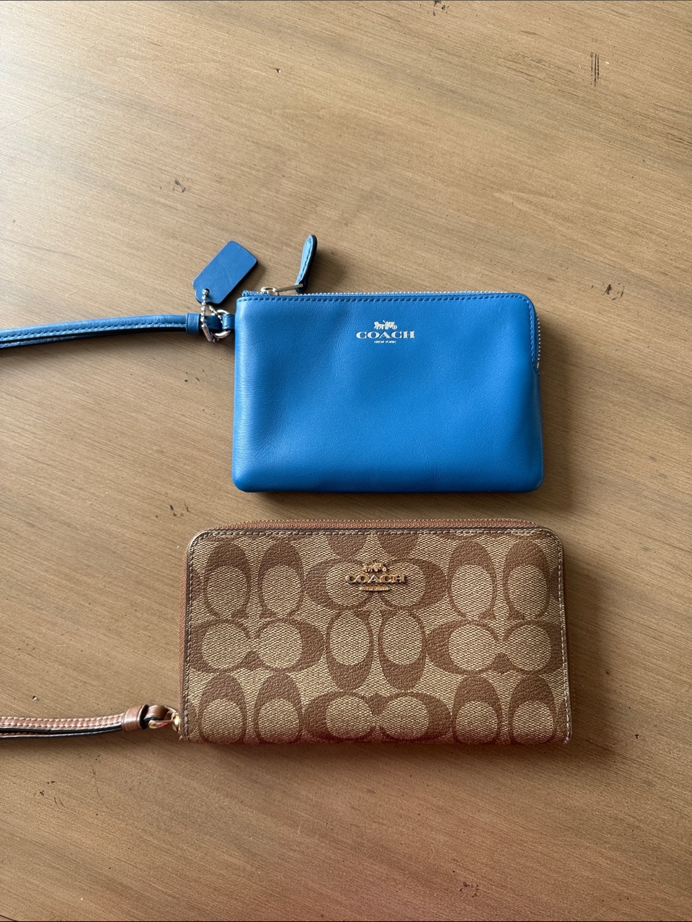 Coach Blue Leather Wristlet with Brown Signature Canvas Wallet
